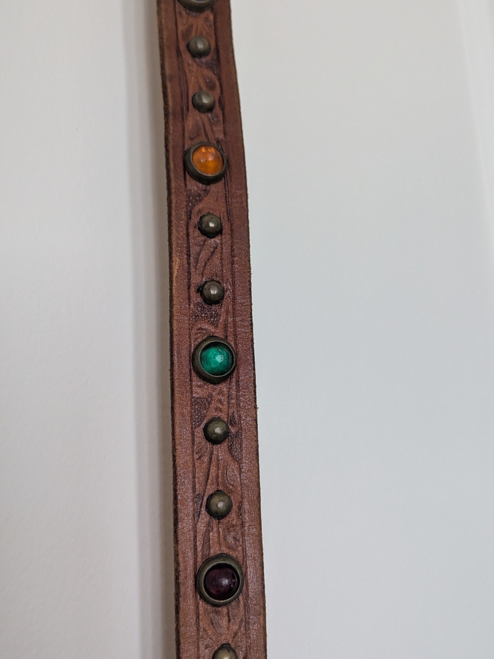 Genuine Vintage 1970s Brown Leather Women's Belt with Color Gem Accents